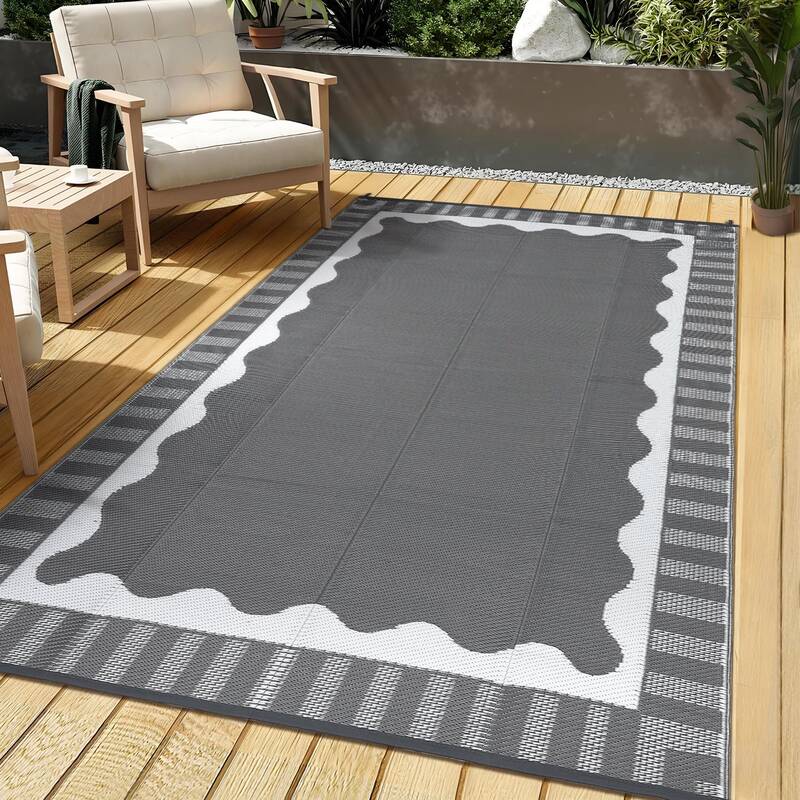 Garvee Modern Grey White Outdoor Rug - Reversible Waterproof Plastic Mat for Patio, Garden, Camping, Beach & Balcony - UV Res...