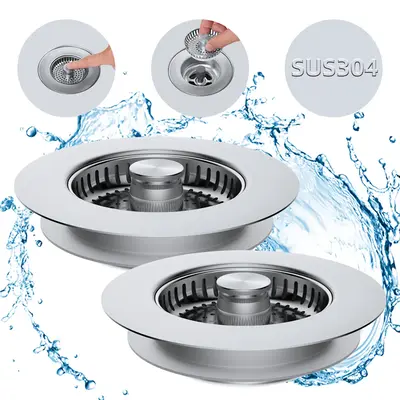 3 In 1 Stainless Steel Kitchen Sink Filter, 1/2 Counts Press Type Leakage Basket, Filter Net, Anti-clogging & Anti-leakage Dr...