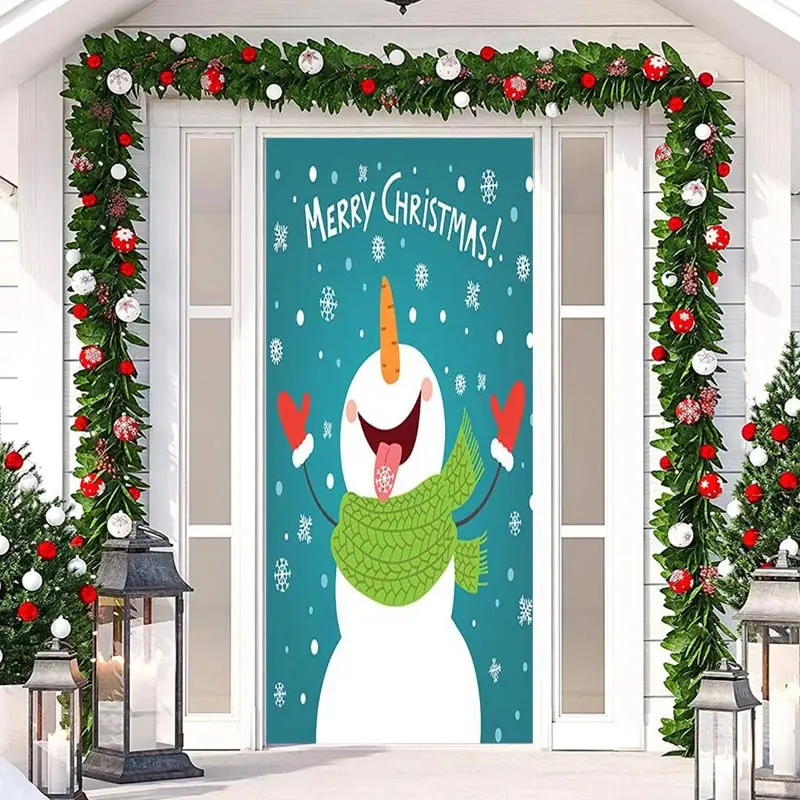 Blue Snowflake Snowman Merry Christmas Door Cover - Aperturee