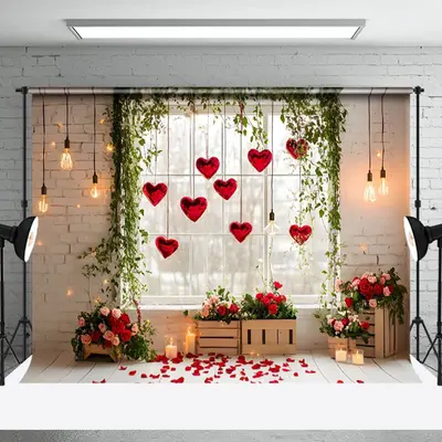 Aperturee Greenery Rose Window Romantic Valentines Day Backdrop, 3X2FT(1MX0.6M), 14 USD, valentines day backdrops, NYHD1I35-M