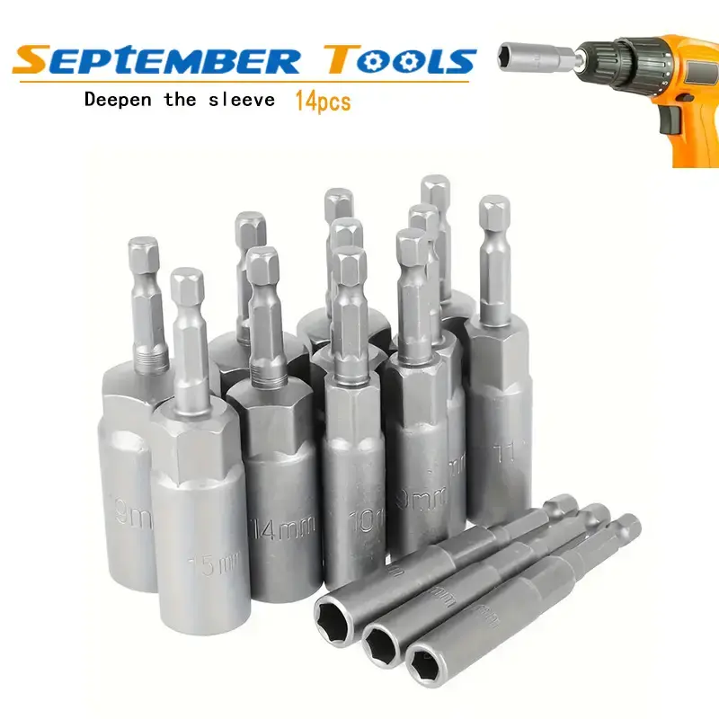 14Pcs 6-19mm Deep Socket Adapter Set Hex Shank Nut Driver Bits Set Nut Setter Drill Bit Set Magnetic Hexagonal Sockets Set