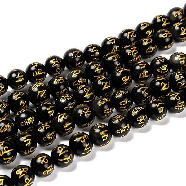 Natural Obsidian Round Carved Om Mani Padme Hum Beads Strands