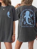 Women's Letter & Shark Print Round Neck Tee, Casual Short Sleeve Crew Neck T-shirt for Summer, Ladies Clothes for Daily Wear,...