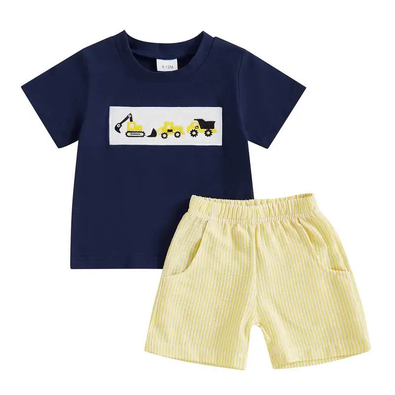 Baby Toddler Boy Shorts Set Tractor Embroidery Short Sleeve T-shirt Striped Shorts 2 Pcs Summer Outfit