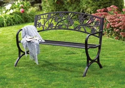 For Living Maple Leaf Steel Frame Outdoor/Patio/Garden Bench, Matte-Black