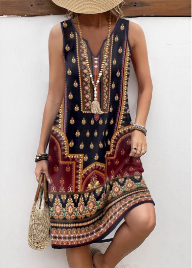 Modlily Multi Color Button Tribal Print A Line Sleeveless Dress - M