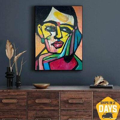 Original Abstract Face Painting on Canvas Original Cubism Fine Art Urban Figurative Wall Decor | FRIDA KAHLO 40"x30"...