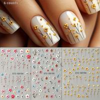 5D Embossed Daisy Design Nail Art Stickers, 6 Counts/set Flower Design Nail Art Decals, Self Adhesive Nail Art Supplies for W...