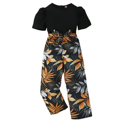 Ready Stock Big Girl Jumpsuit Short Sleeve Hawaiian Maple Leaf Print Romper Overalls 7-8Y,9-10Y,11-12Y,13-14Y Kids Long Pants...