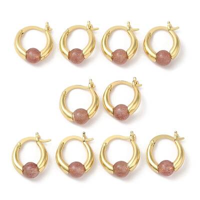Natural Strawberry Quartz Round Beaded Hoop Earrings