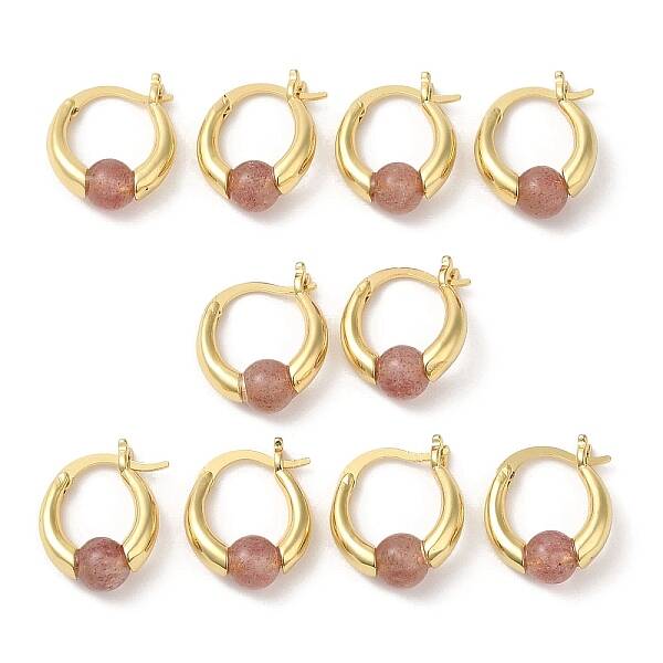 Natural Strawberry Quartz Round Beaded Hoop Earrings