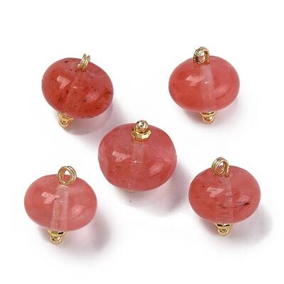 Cherry Quartz Glass Saucer Charms with Rack Plating Golden Tone Brass Bails