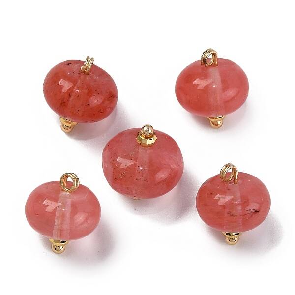 Cherry Quartz Glass Saucer Charms with Rack Plating Golden Tone Brass Bails
