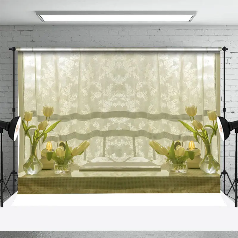 White Curtain Floral Table Spring Photo Backdrop - Aperturee