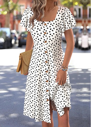 Modlily White Polka Dot Short Sleeve Square Neck Dress - XL