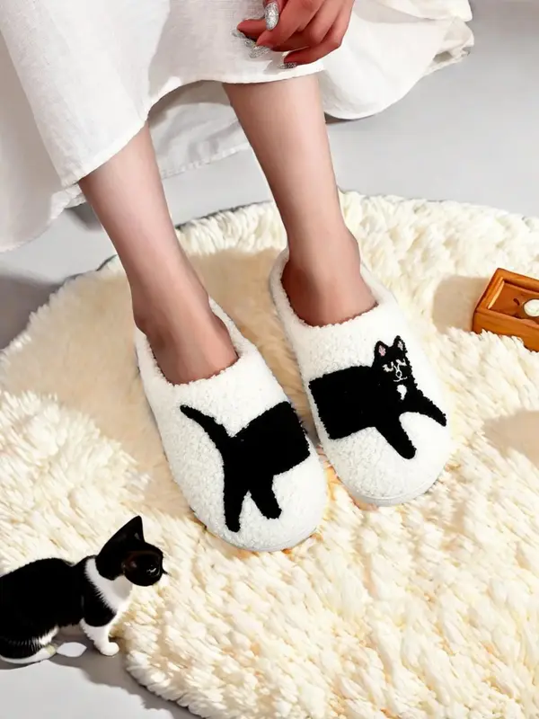 Women's Cute Cartoon Cat Pattern Slippers, Casual Soft Comfortable Home Slippers, Warm Slippers for Indoor & Outdoor Use for ...
