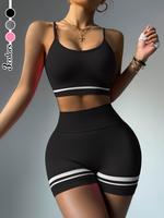 Women's Striped Print Sports Bra & Colorblock High Waist Shorts Tracksuit Set, Sporty Adjustable Strap Sports Style Bra & Ski...
