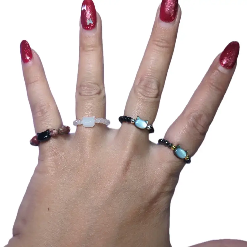 Crystal Stretchy Rings - Cats and Crescent Moon Customized Cute Jewelry Custom Crystal Ring