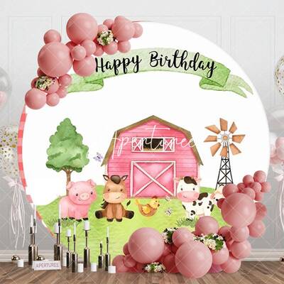 Cartoon Farm Animals Grass Round Birthday Backdrop - Aperturee