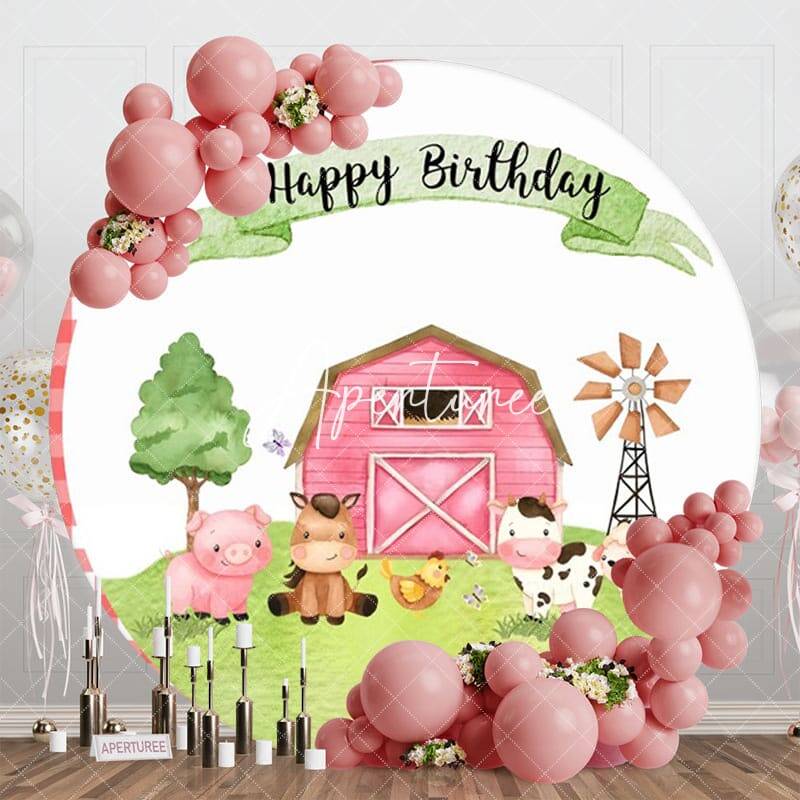 Cartoon Farm Animals Grass Round Birthday Backdrop - Aperturee