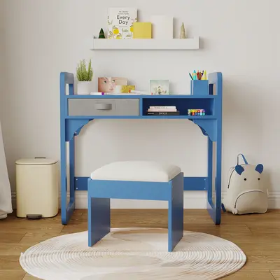 Garvee Kids Study Desk and Chair Set with Drawers and Pen Holder, Height Adjustable for Boys and Girl Ages 3-10, Blue