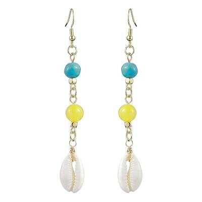 Cowrie Shell and Synthetic Turquoise & Natural Mashan Jade Dangle Earrings for Women