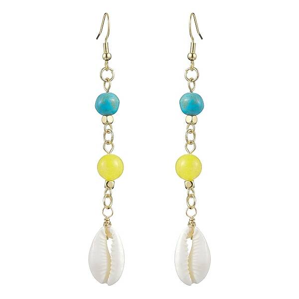 Cowrie Shell and Synthetic Turquoise & Natural Mashan Jade Dangle Earrings for Women