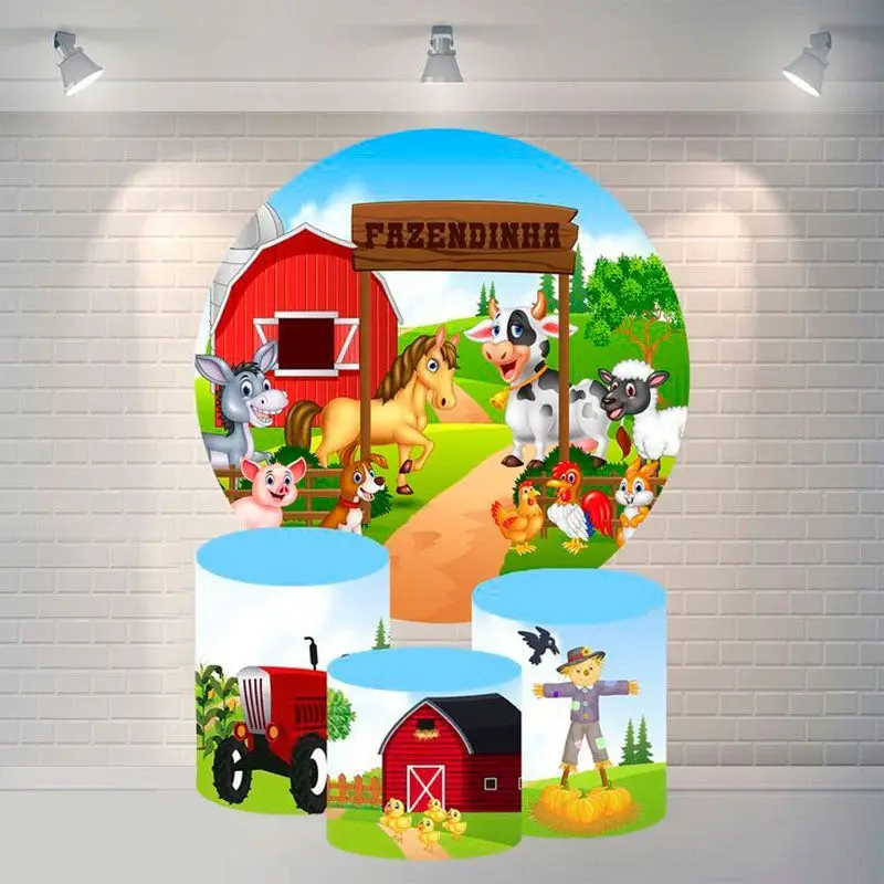 Aperturee Animals And Red House Circle Happy Birthday Backdrop | Birthday Round Backdrop Cover | Round Backdrop Cover Diy | B...