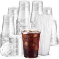 16oz Clear Disposable Plastic Clear Cups with Lid & Straw, Disposable Tea Cup, Drinking Cup for Party, Daily Use, Party Suppl...