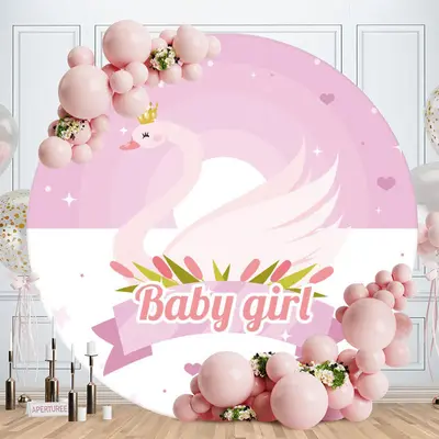 Aperturee Pink Swan Baby Girl Round Baby Shower Backdrop