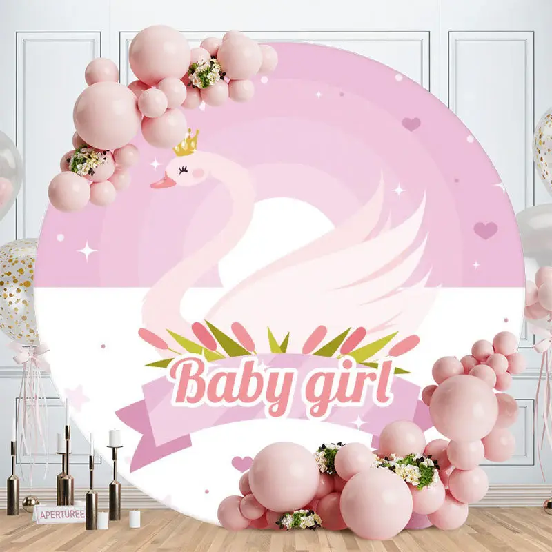 Aperturee Pink Swan Baby Girl Round Baby Shower Backdrop