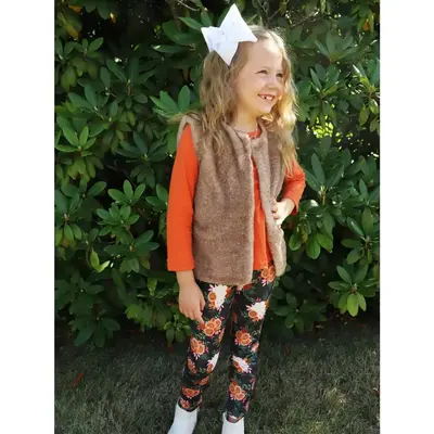 Rust Rose Floral Vintage Fur Vest Girls or Toddler Three Piece Outfit with Leggings, Long Sleeve Top, and Vest