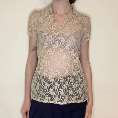 Liu Jo Lace Mesh Top - Large Cream Cotton Blend