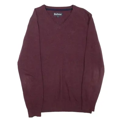 BARBOUR Mens Jumper Maroon V-Neck Tight Knit Wool M