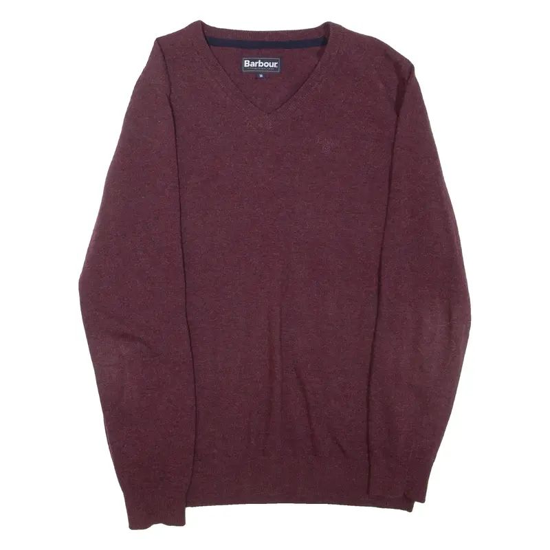 BARBOUR Mens Jumper Maroon V-Neck Tight Knit Wool M