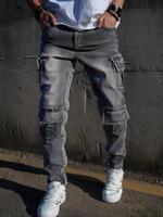 Men's Solid Multi-pocket Ripped Straight Leg Jeans, Street Fashion Casual Denim Pants for Daily Wear, Mens Bottoms for All Se...