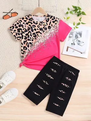 Girl's Leopard Print Short Sleeve Tee & Shorts Two-piece Set, Casual Round Neck T-shirt & Shorts for Summer, Kids Clothes for...