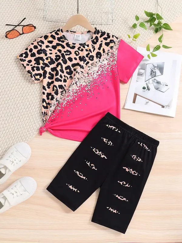 Girl's Leopard Print Short Sleeve Tee & Shorts Two-piece Set, Casual Round Neck T-shirt & Shorts for Summer, Kids Clothes for...