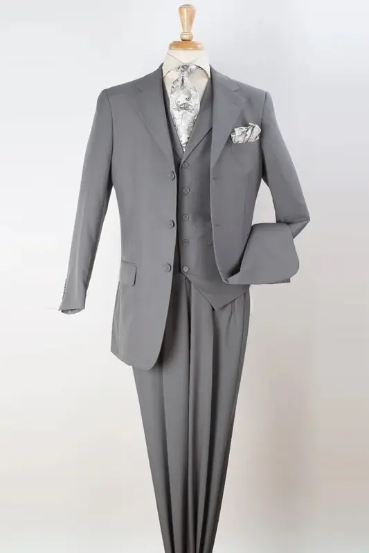 Classic Fit Men's Three Button Vested Suit - Light Grey