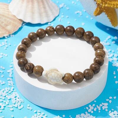 Natural Wood Round & Synthetic Turquoise Turtle Beaded Stretch Bracelet for Women