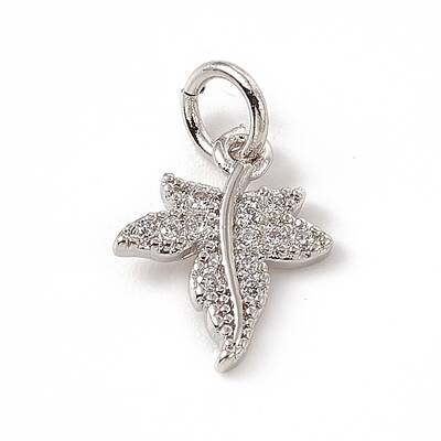 Brass Micro Pave Clear Cubic Zirconia Maple Leaf Charms