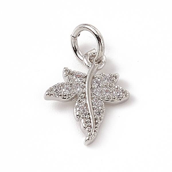 Brass Micro Pave Clear Cubic Zirconia Maple Leaf Charms