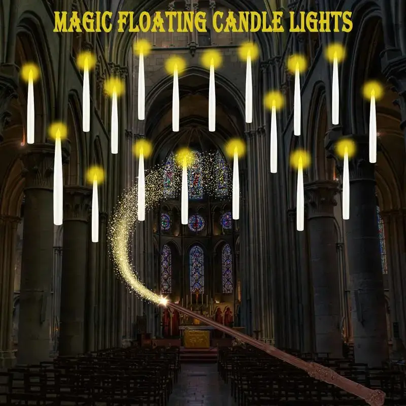 Magic Wand Remote Control Floating LED Candle Toy Set, Battery Operated Flameless Hanging Window Candles, Flickering Light Pr...
