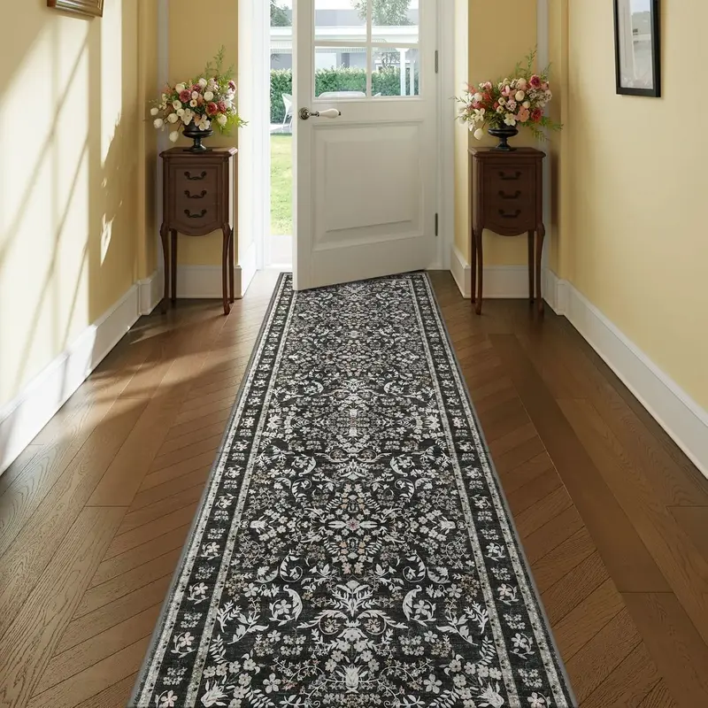 Garvee Vintage Floral Washable Rug with Non Slip Rubber Backing, Soft Low Pile Polyester, Non Shedding Foldable Accent Mat fo...