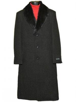 Moscow: Black Wool Coat with fur collar 3 button single breasted full length overcoat