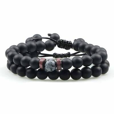 Ethnic Style Frosted Round Natural Obsidian & Snowflake Obsidian Braided Beaded Bracelets Sets for Women Men