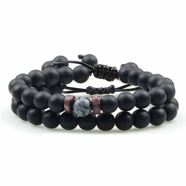 Ethnic Style Frosted Round Natural Obsidian & Snowflake Obsidian Braided Beaded Bracelets Sets for Women Men