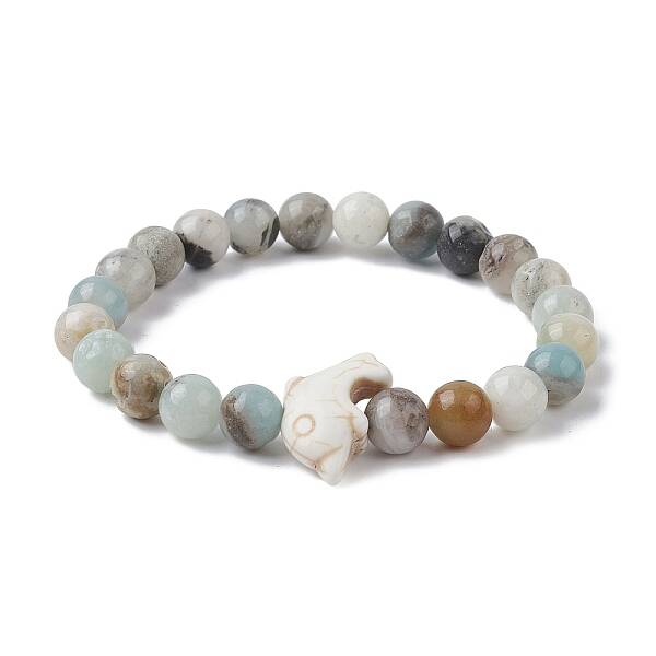 Natural Flower Amazonite & Synthetic Turquoise Dolphin Beaded Stretch Bracelets