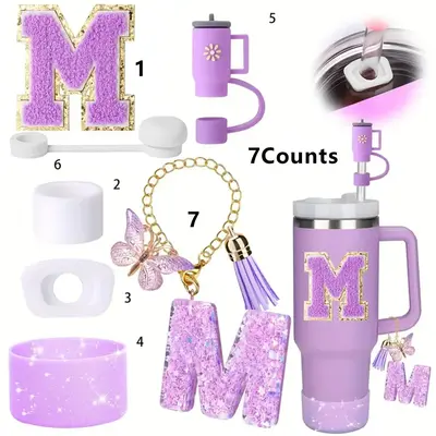 Letter Pattern Tumbler Accessories, 7 Counts/set Including Tumbler Cup Plug Stopper, Straw Cover, Tumbler Handle Chain, Tumbl...