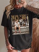 Women's Mom Vibes Round Neck Graphic Tee, Fashion Casual Short Sleeve T-shirt for Daily Wear, Ladies Summer Clothes, Top
